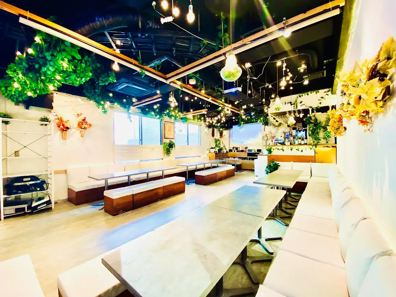 渋谷ピカリエリゾート本店 グリーン装飾のソファラウンジ空間